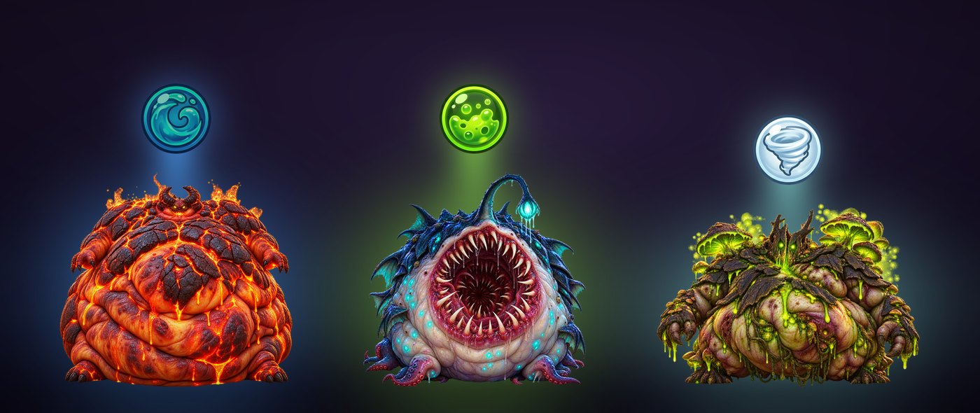 The three bosses side by side — the fire Emberkhan, the water Deepmaw and the
                toxic Gravebloom — each lit from above by the single element orb that counters
                it: water, toxic and air.