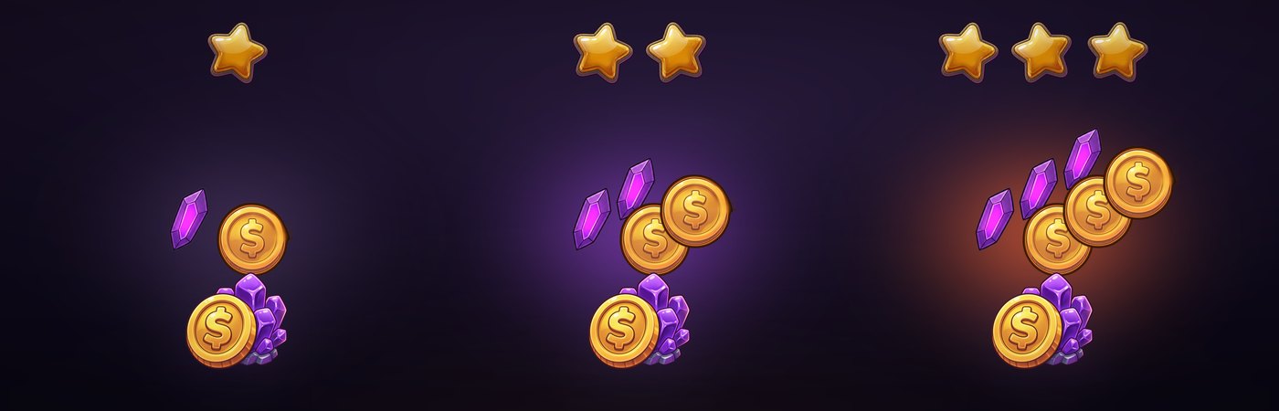 Three columns showing one, two and three gold stars. Under each is a pile of
                coins and crystals that grows with the star count, and below that the same
                coin-and-crystal wallet icon repeated unchanged in all three columns.