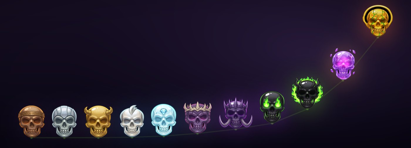 The eleven league skulls in a row, each raised to the height of the rank stars
                its league costs — bandaged bronze on the floor, rising through silver, gold,
                platinum, diamond and champion, then climbing steeply to the gold-haloed Legend
                skull at the top right.