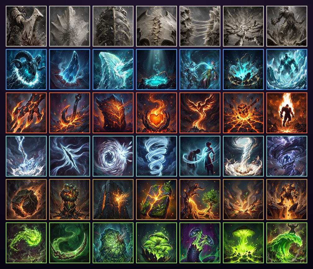 A grid of all 42 skill cards, seven columns by six rows. Each row is framed in
                one element's colour: the bone-white naturals along the top, then water, fire,
                air, earth and toxic.
