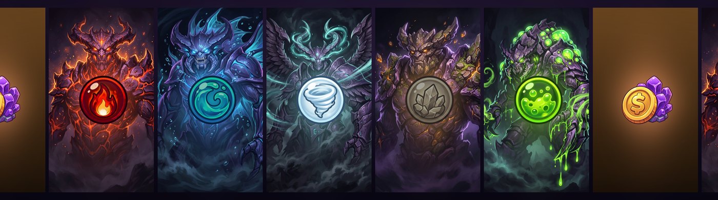 A band of week panels running off both edges of the frame: five element weeks,
                each showing that element's titan behind its orb, and a sixth panel with no
                creature on it at all, showing coins and crystals instead.