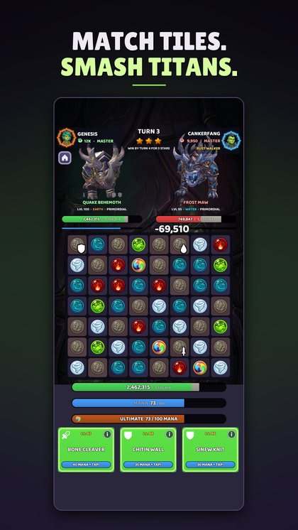 A match-3 raid in progress: both titans above the board, the turn counter, and three skill cards below
