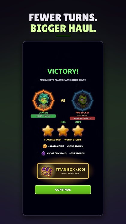 Victory screen: three stars, coins and crystals stolen from the defender, and a Titan Box x100 won