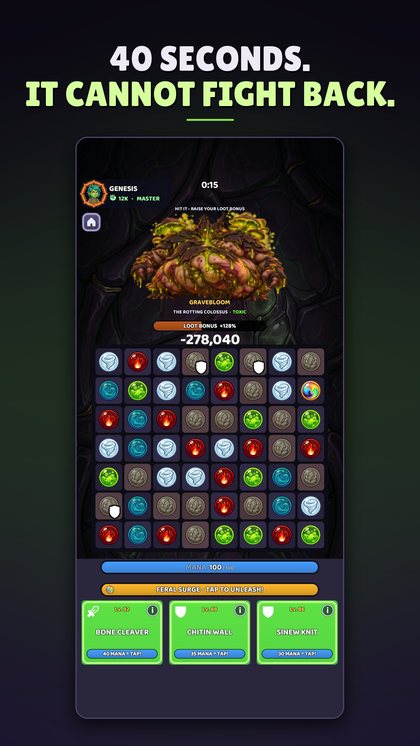 Boss Rush against Gravebloom &mdash; a 40-second fight with no turns and a loot bonus meter