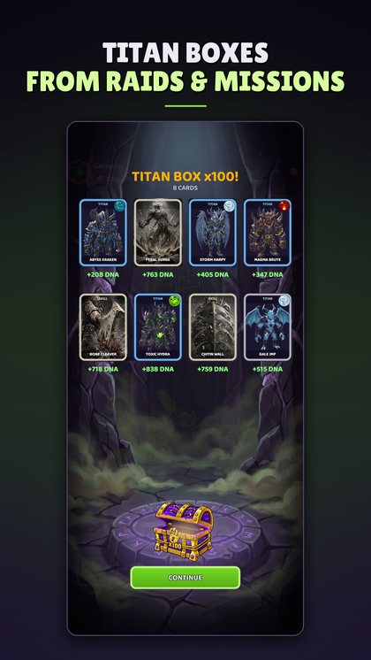 A Titan Box x100 opening into eight DNA cards for titans and skills