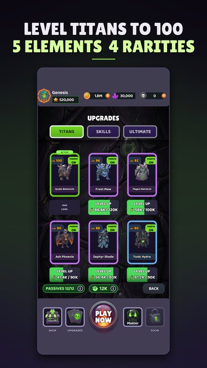The Upgrades screen: owned titans with their levels and level-up costs