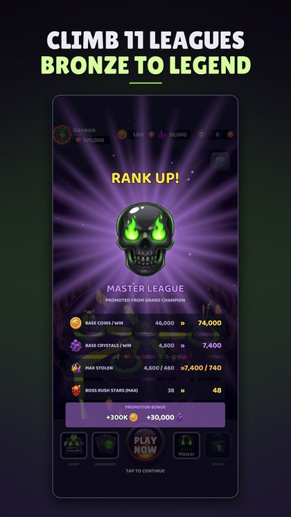 A league promotion to Master, listing the bigger raid rewards and Boss Rush stars it pays
