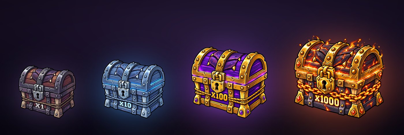 The four Titan Box sizes, smallest to largest: an X1 in dull iron and wood, an x10 in blue steel, an x100 in gold over violet, and an x1000 bound in gold chain and molten fire